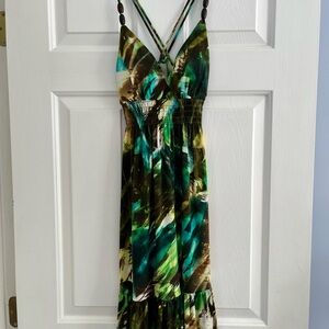Bisou Bisou Green & Brown Print Women's Summer Dress